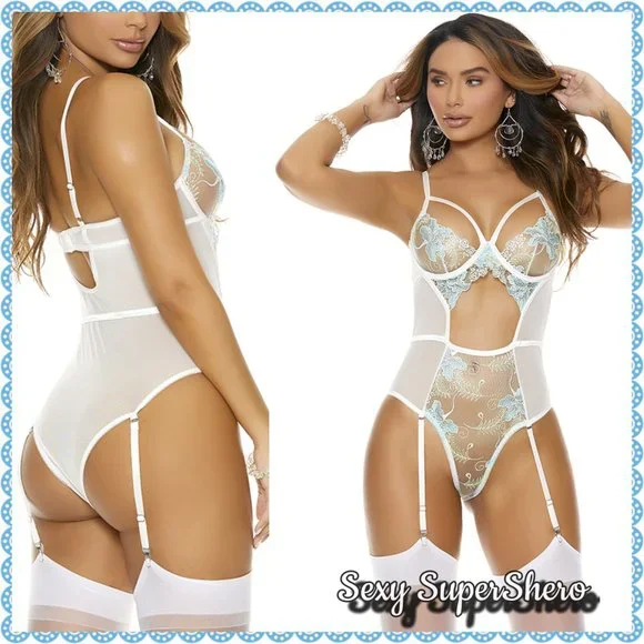 📸FLASH SALE🆕🪡🌼"Zuri" Embroidery Mesh Teddiette Underwire Cups Lingerie Teddy - Picture 2 of 4